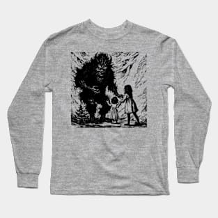 Krampus Scaring Children - Woodcut Printed Christmas Illustration Long Sleeve T-Shirt